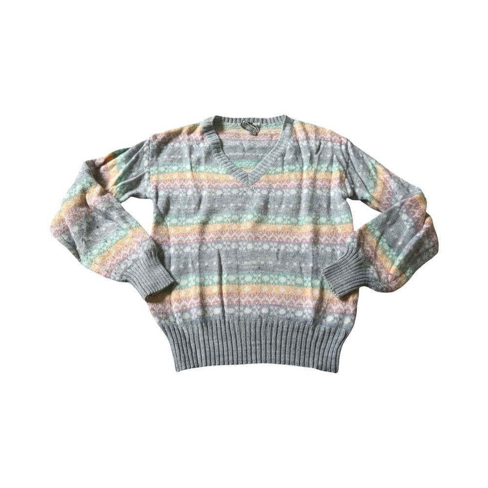 Vintage Rimlon RBK Importers Pastel Striped Fair Isle V-Neck Sweater Wool L